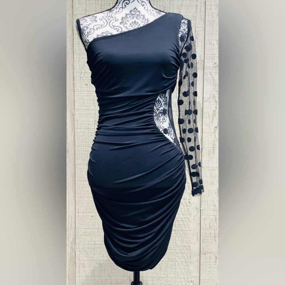 Bebe: Black one shoulder/sheer dress